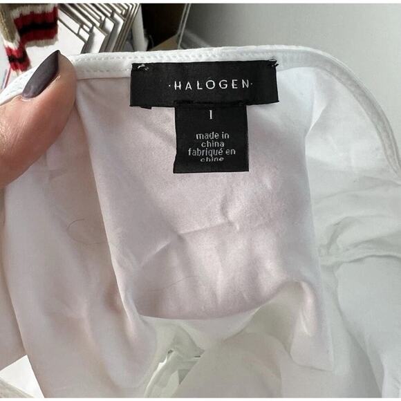 Halogen Poplin One Shoulder Top Long Sleeve Ruched White Shirt Size L Cotton - Picture 5 of 9